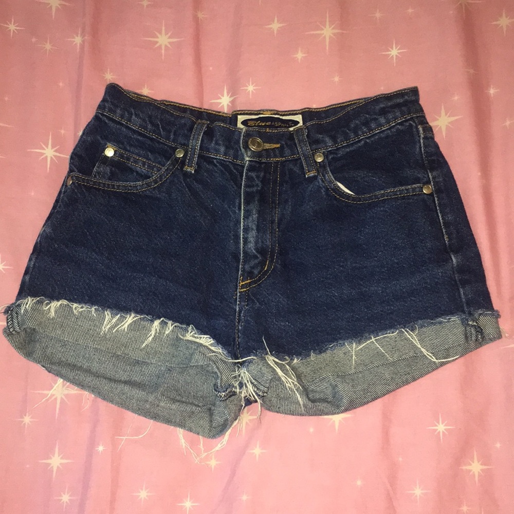 dark blue jean shorts, been washed